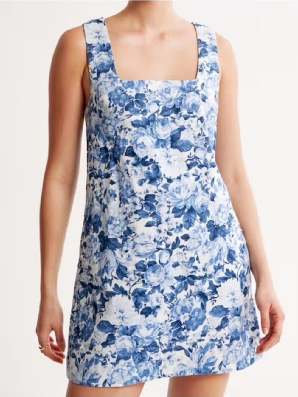 Abercrombie & Fitch Linen Wide Strap Mini Dress Square Neck Blue White XLT - Picture 16 of 16